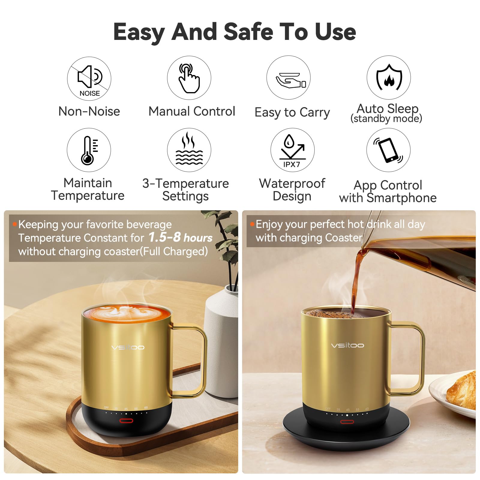 VSITOO S3Pro Smart Temperature Control Coffee Mug with Lid - 14oz Self-Heating Travel Mug, 90 Min Battery Life, APP & Manual Control - Perfect Gift for Coffee Lovers (Gold) - Ideal for Office, Home, Travel & Outdoor Use