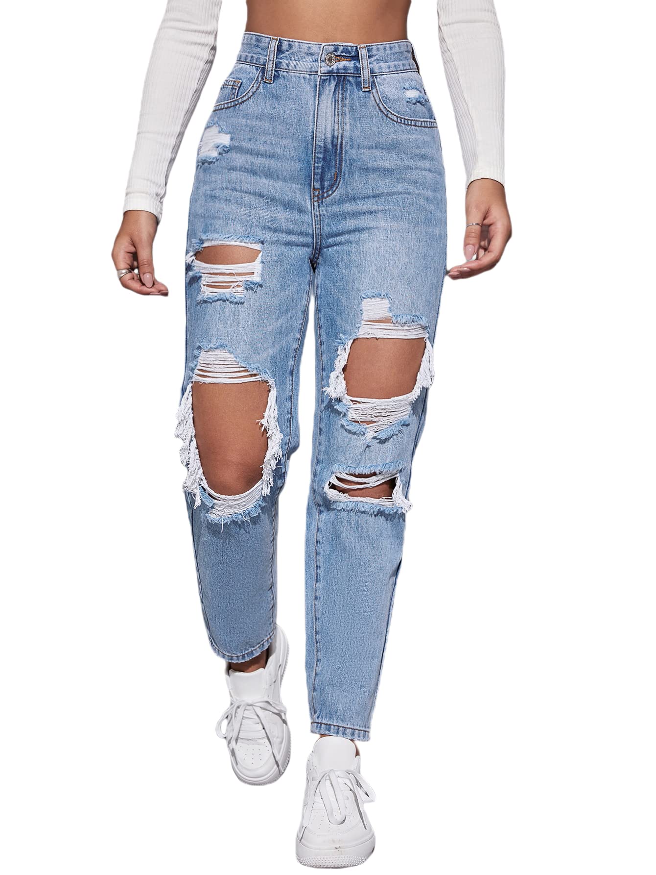 Floerns Women's High Waist Straight Leg Ripped Jeans - Distressed Denim Pants for Casual Wear, Street Style & Everyday Outfits