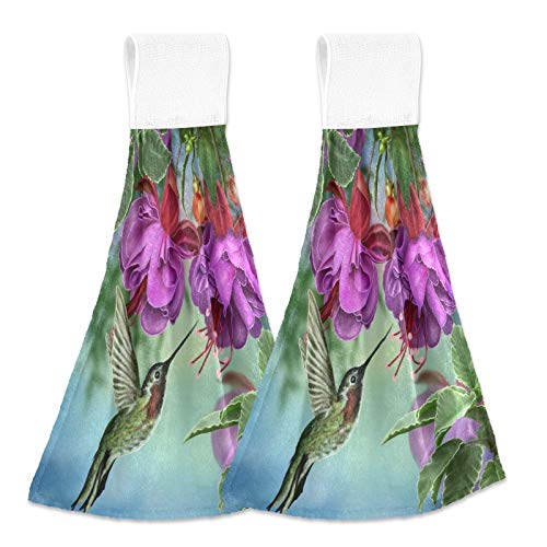 Spring Hummingbird Hand Towels 2-Pack | Absorbent Purple Floral Kitchen Towels with Hanging Loop | Soft Cotton Linen for Bathroom, Restroom & Home Decor | Perfect for Kitchen, Guest Bath & Spring Home Styling