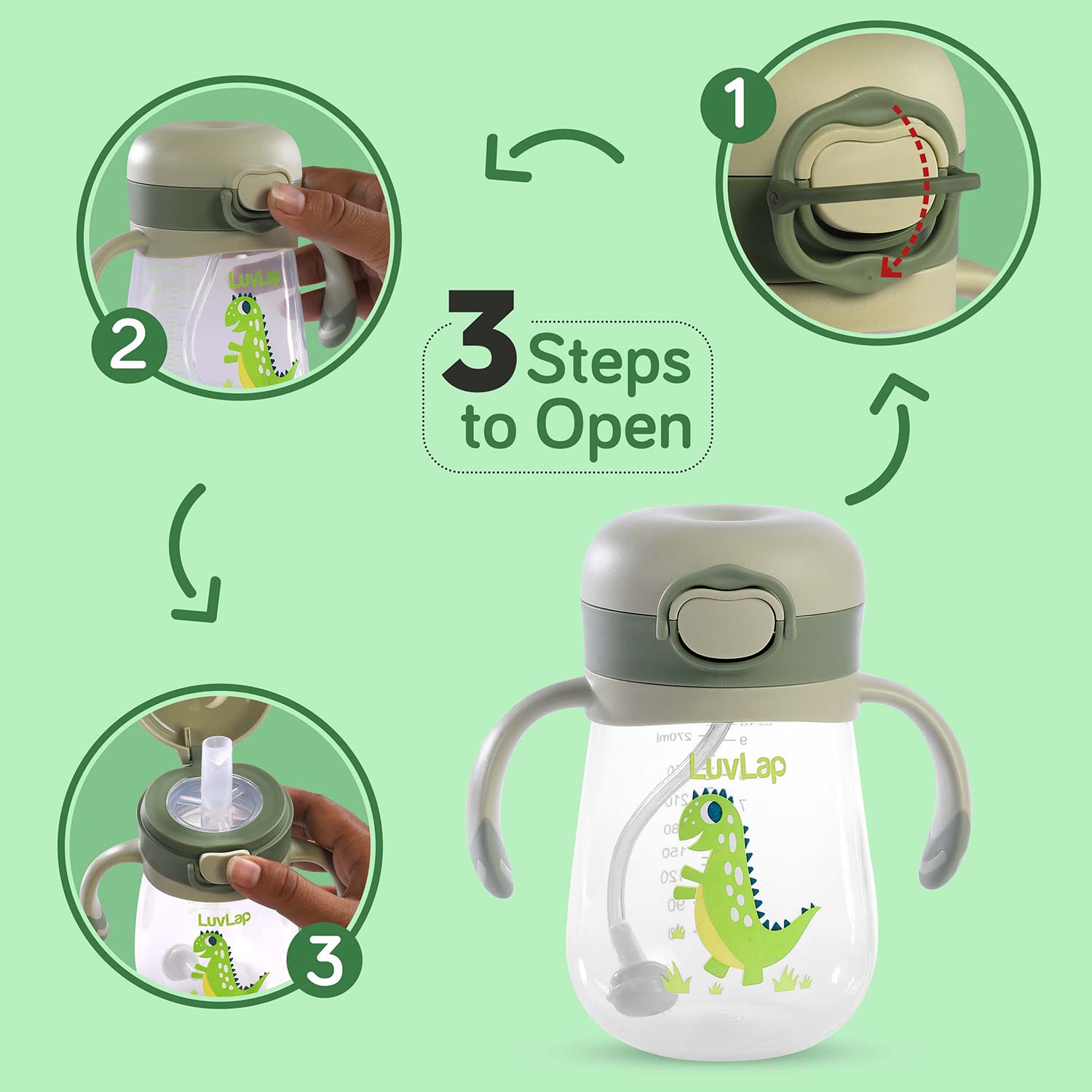 LuvLap Baby Bite-Resistant Soft Silicone Straw Sippy Cup with Handle & Weighted Straw - Anti-Spill Lock, BPA-Free, 300ml, Green - Ideal for Toddlers 6+ Months, Perfect for On-the-Go Feeding, Travel & Learning Independent Drinking