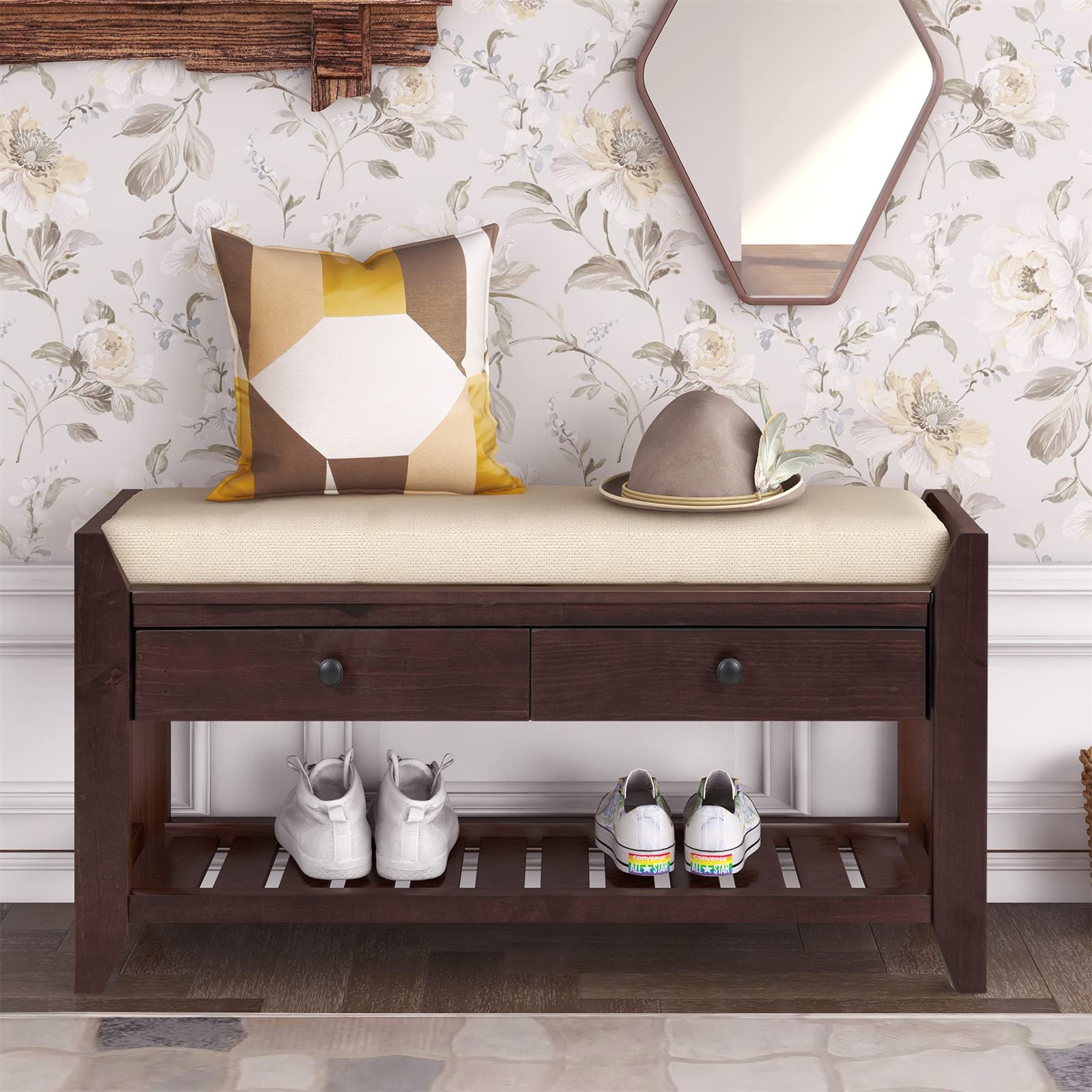 Wooden Shoe Storage Bench with Cushioned Seat & 2 Drawers - Multipurpose Entryway Organizer for Shoes, Living Room, Hallway & Bedroom - Espresso Finish for Home Decor & Practical Storage Solutions