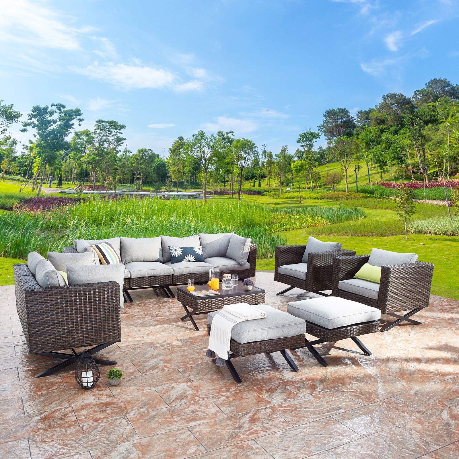 11-Piece Outdoor Patio Furniture Set - All-Weather Brown Rattan Sectional Sofa with Grey Cushions & X-Shaped Metal Legs - Perfect for Garden, Backyard, Poolside & Balcony Relaxation