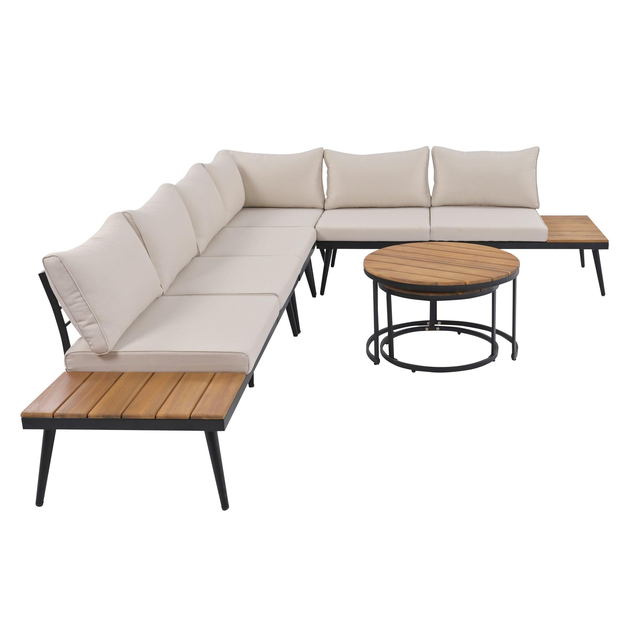6-Piece Outdoor Sectional Sofa Set with Round Nesting Coffee Tables & Cushioned Seating - Patio, Porch, Garden Furniture for Backyard, Poolside & Outdoor Living Spaces