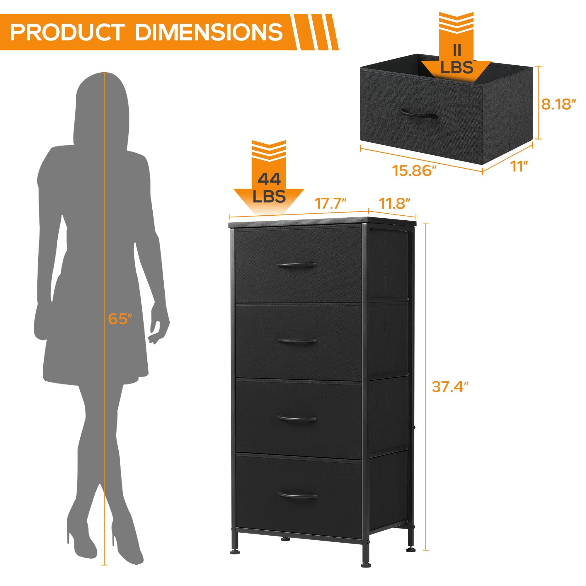 DUMOS 4-Drawer Dresser for Bedroom - Tall Fabric Storage Organizer with Wooden Top & Metal Frame - Perfect for Clothes, Kids Room, Living Room, Hallway & Entryway - Black (Great for Small Space Organization & Home Decor)