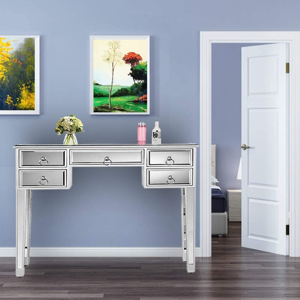 Henf Silver Mirrored Console Table with 5 Drawers - 41.73