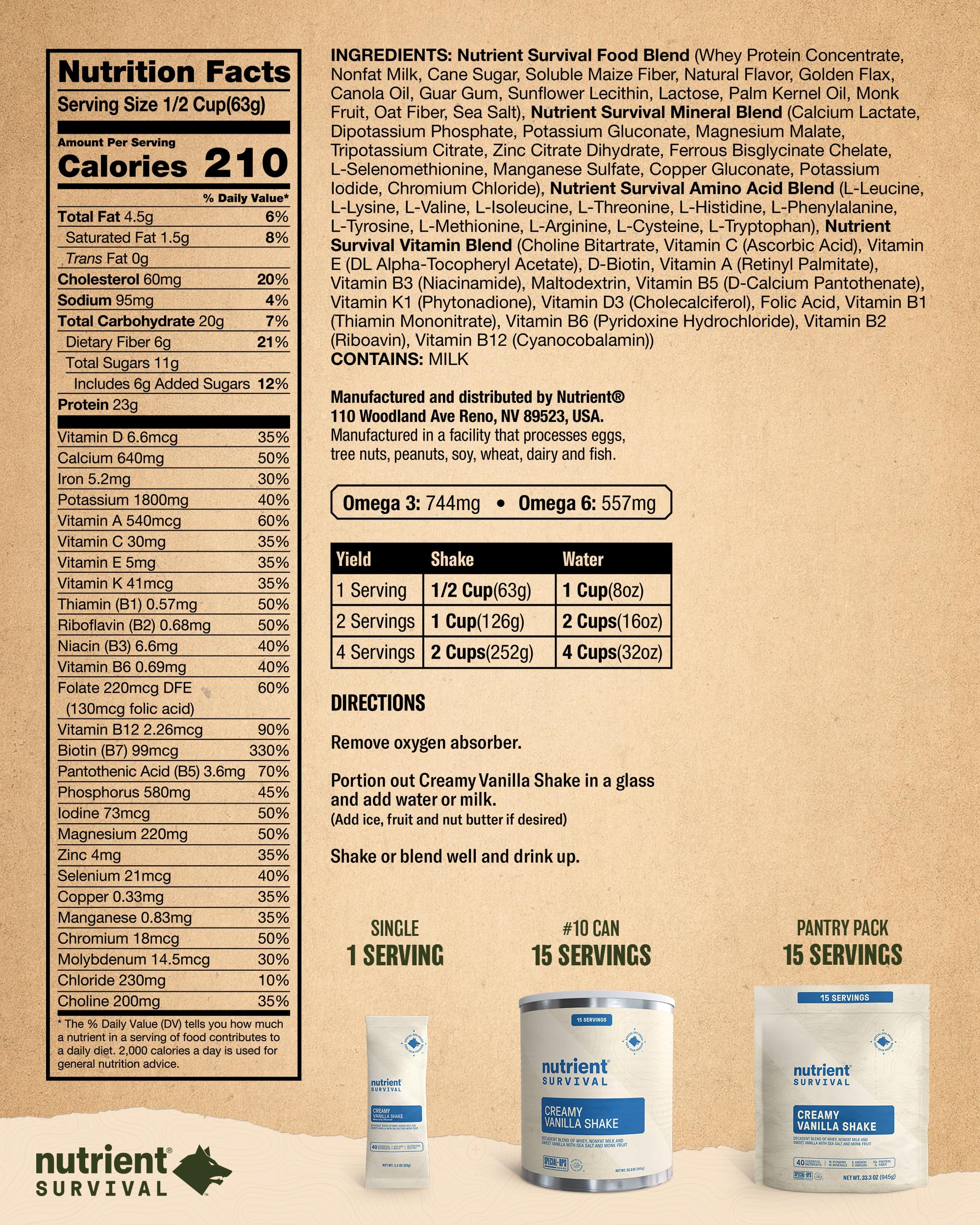 Nutrient Survival Protein Shake - Creamy Vanilla Whey Protein Powder | Freeze Dried Emergency Food with 40 Essential Nutrients | Gluten Free, 25 Year Shelf Life (15 Servings) - Perfect for Prepper Supplies, Camping & Survival Kits