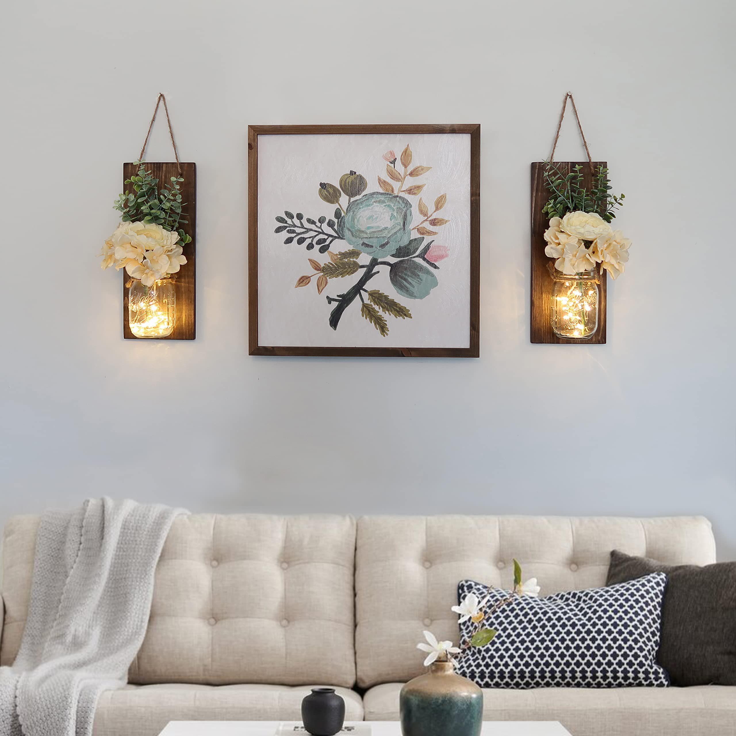 Besuerte Rustic Wall Hangings for Living Room & Bedroom - Farmhouse Home Decor with LED Fairy Lights & Rose Flowers - Set of 2 XL Jacobean Wall Art - Perfect for Cozy Living Spaces, Wedding Decor & Boho Chic Interiors