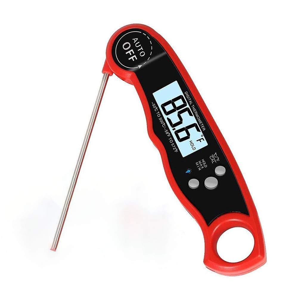 NCRD Waterproof Digital Instant Read Meat Thermometer with Folding Probe - Backlight & Calibration Function - Fast Accurate Cooking Thermometer for BBQ, Grilling, Baking, Candy Making, Liquids, Beef, Poultry - Perfect for Home Kitchen & Outdoor Use (Red)