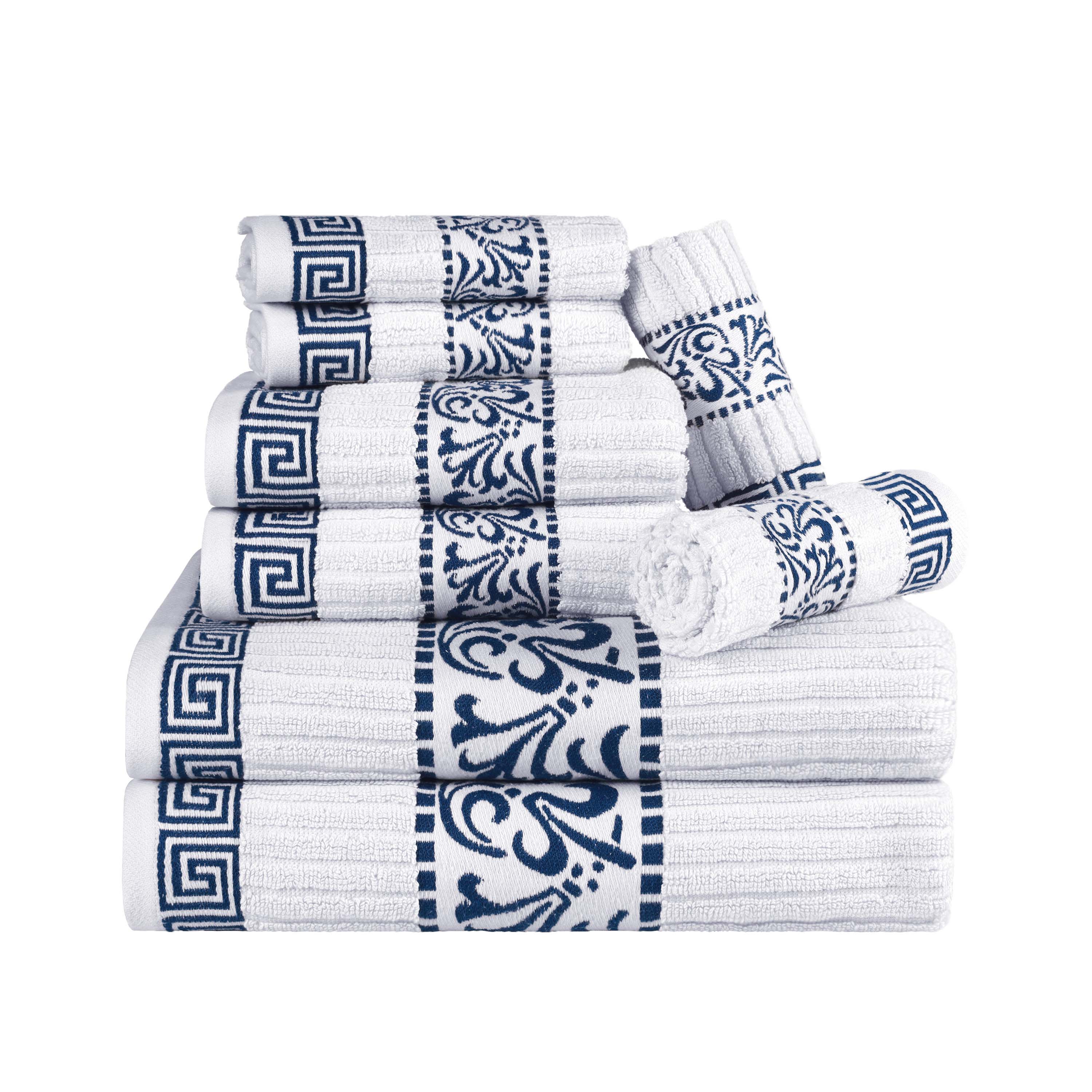 Premium 8-Piece Cotton Towel Set with Greek Scroll & Floral Design - Soft Bath Towels, Hand Towels & Washcloths - Perfect for Bathroom, Spa & Luxury Home Decor