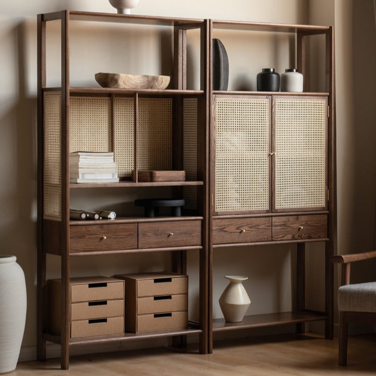 Solid Black Walnut & Ash Wood Bookshelf Display Cabinet - Modern Bookcase for Living Room, Office & Library Storage