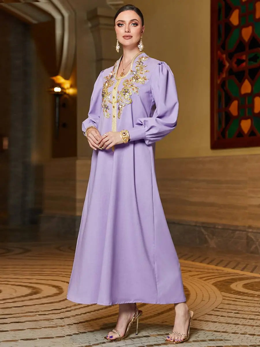 Elegant Hand-Stitched Rhinestone Lace Applique Caftan Dress for Women | Boho Chic Beach Cover Up, Evening Gown & Summer Party Wear