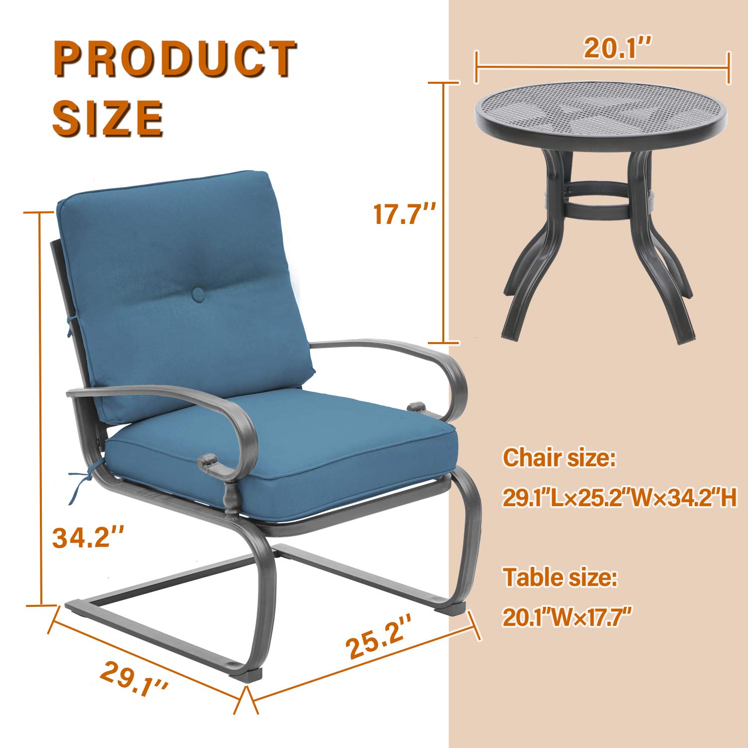 SOLAURA 3-Piece Outdoor Patio Furniture Set - Steel Frame Bistro Set with Cushions & Side Table, Peacock Blue - Perfect for Garden, Balcony, and Backyard Relaxation