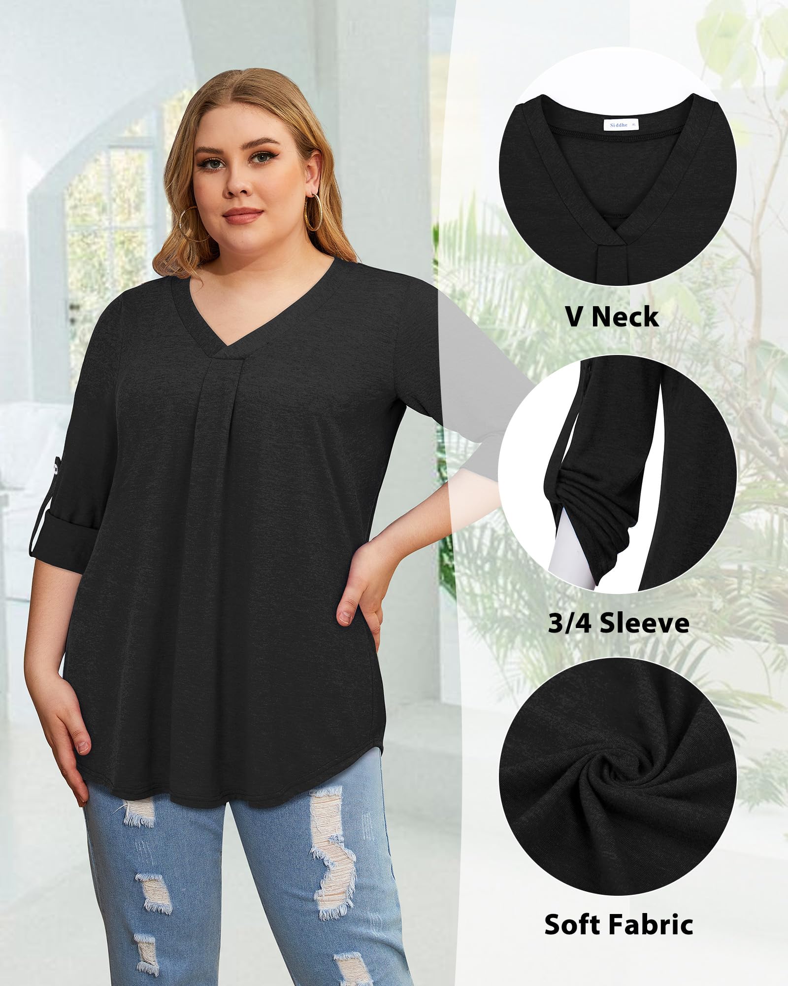 Stylish Plus Size Women's 3/4 Sleeve V-Neck Tunic Blouse - Flattering Casual Tops for Spring Summer 2025 | Perfect for Office Wear, Weekend Outings & Special Occasions