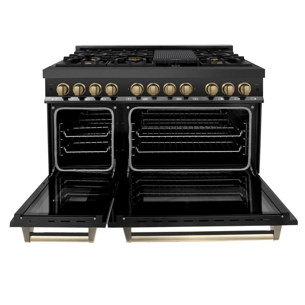 ZLINE Autograph Edition 48-inch Black Stainless Steel Dual Fuel Range & Range Hood with Champagne Bronze Accents - 2AKP RABRH48 CB | Professional Kitchen Package for Home Chefs & Cooking Enthusiasts | Perfect for Modern Kitchens & Gourmet Cooking