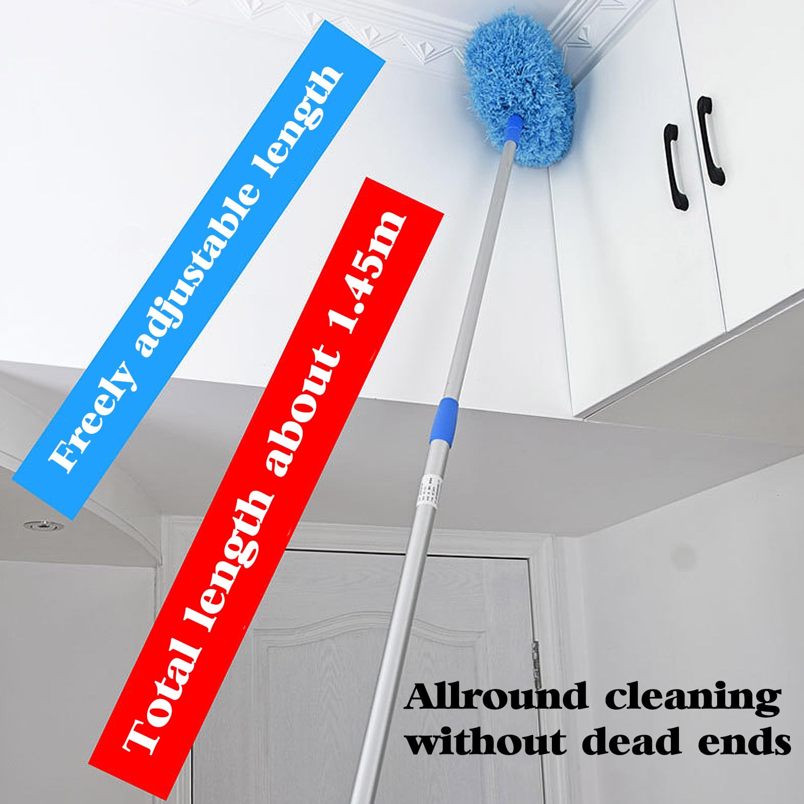 Microfiber Ceiling Fan Duster with Adjustable Extension Handle (13-57.1 in) - Washable & Removable Fuzzy Fan Cleaner for Walls, Doors, Bookshelves & Windows | Perfect for Home, Office & Hard-to-Reach Areas Cleaning - Blue
