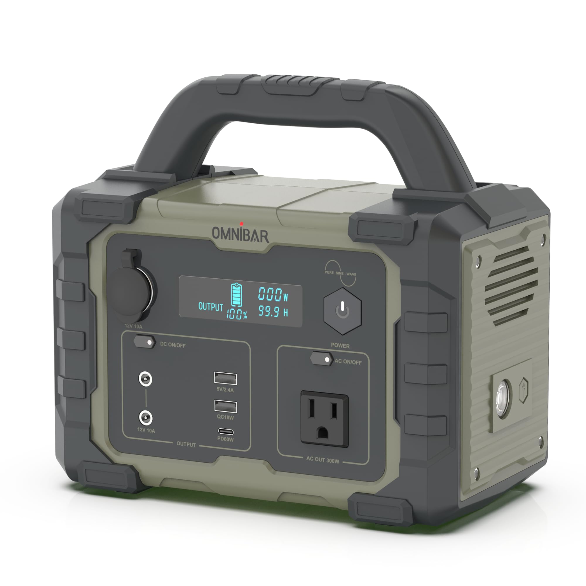 Ironman300-120V 300W Portable Power Station | 299.5Wh Solar Generator with LED Flashlight | Emergency Backup Battery for Camping, RV, Home & Outdoor Adventures (Olive Green)
