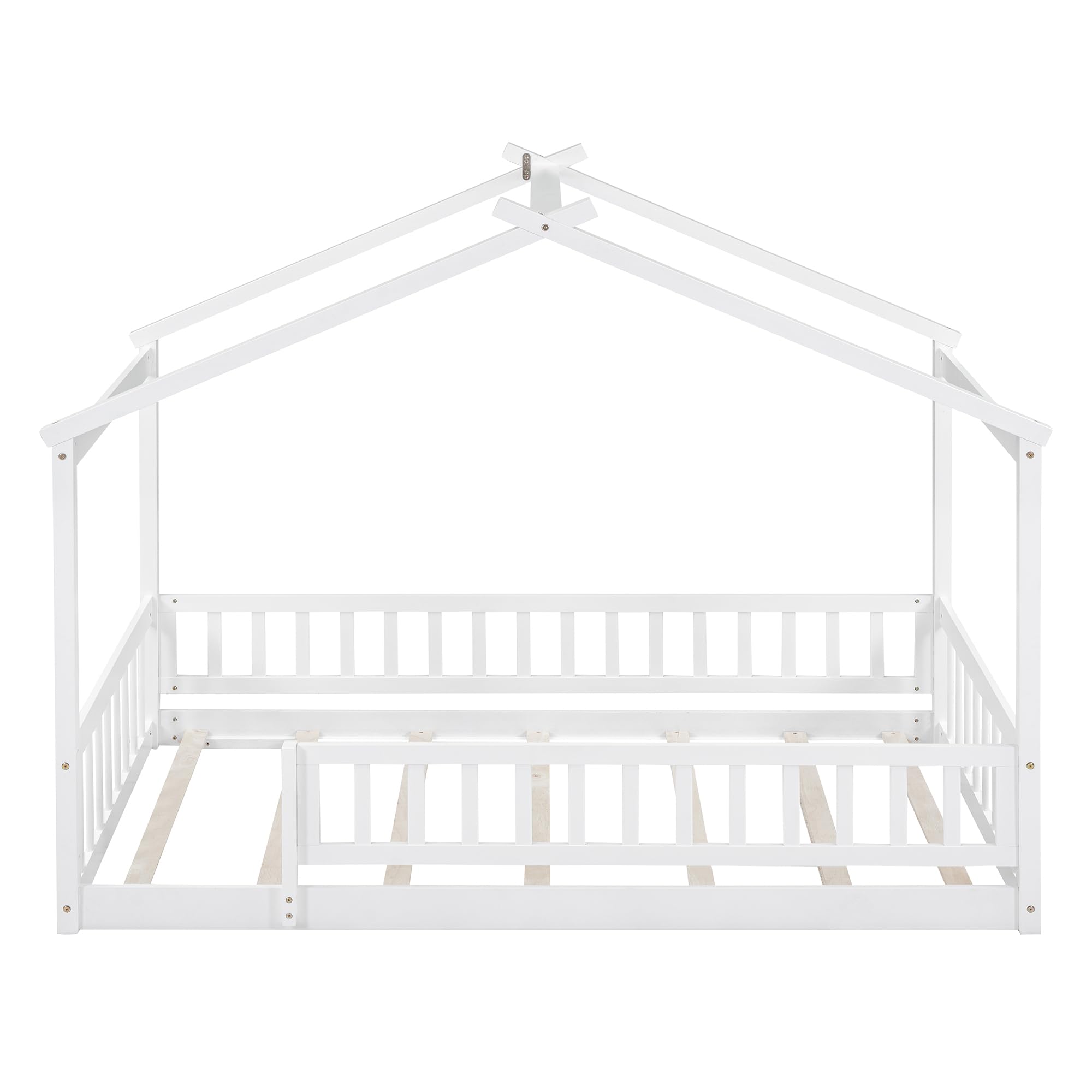 Merax Twin Size Wooden House Bed with Fence - Sturdy Wood Bed Frame with Roof & Safety Guardrail for Kids, Teens, Boys or Girls (White) - Perfect for Nursery, Bedroom, Playroom & Kids' Room Decor