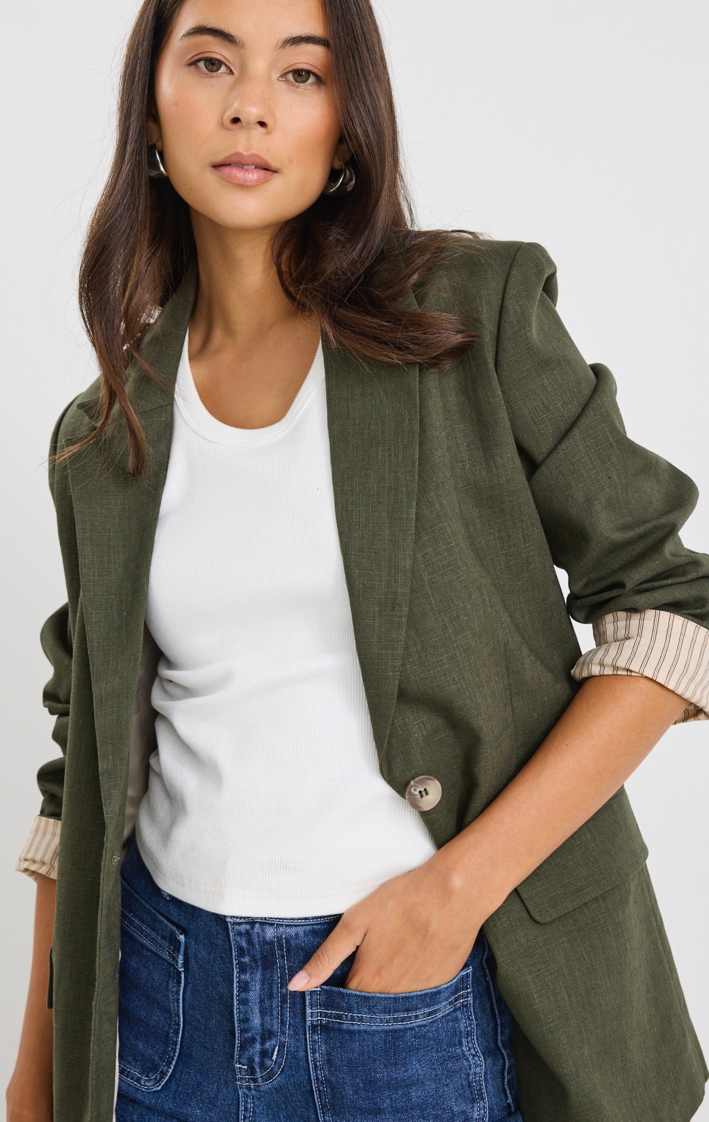 Stylish Khaki Ramie Rolled Sleeve Blazer for Women - Lightweight Summer Office Jacket - Perfect for Business Casual, Workwear & Outdoor Events