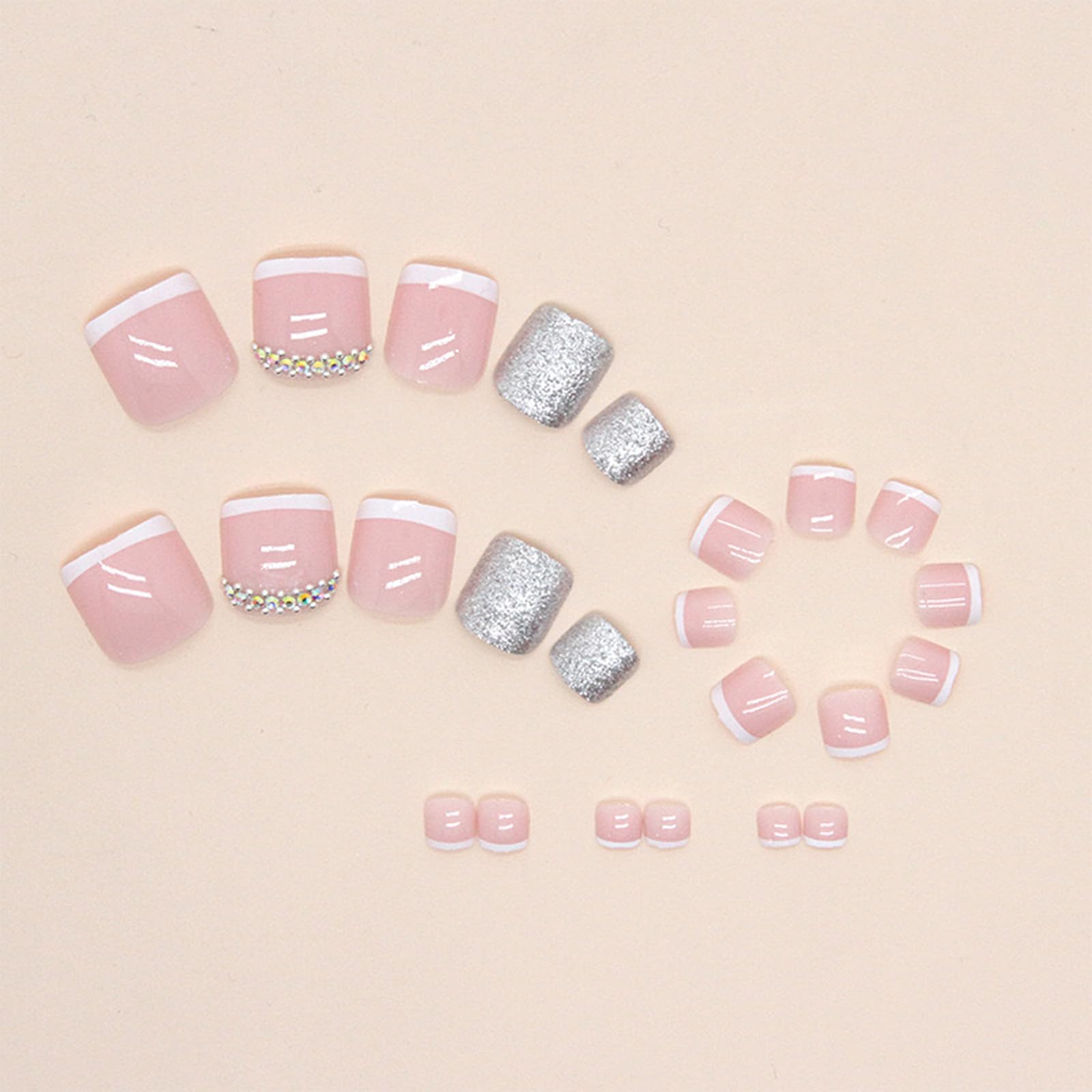 French Tip Press on Toenails - Full Cover Acrylic Fake Toenails with Rhinestone Designs | Glue on False Toenails for Women | Perfect for Pedicures, Summer Sandals & Special Occasions