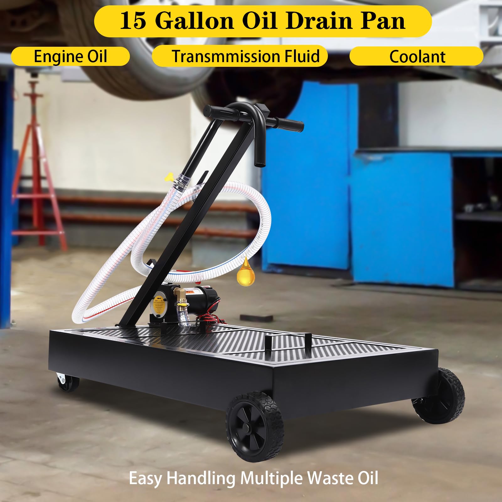 15 Gallon Low Profile Oil Drain Pan with Electric Pump - Large Capacity Oil Change Pan for Trucks & RVs | 8.2ft Hose, Rotatable Handle & Swivel Caster Wheels | Rolling Drain Cart for Easy Garage Maintenance & DIY Auto Repairs