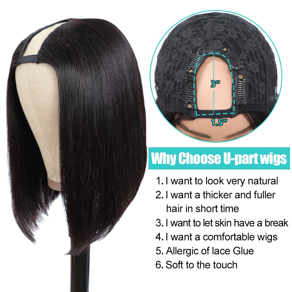 PANEWAY 12 Inch U Part Wig - Brazilian Remy Human Hair Straight Bob Wigs for Black Women | Clip-in Short Bob Human Hair Extensions in Natural Color | Perfect for Daily Wear, Parties & Special Occasions