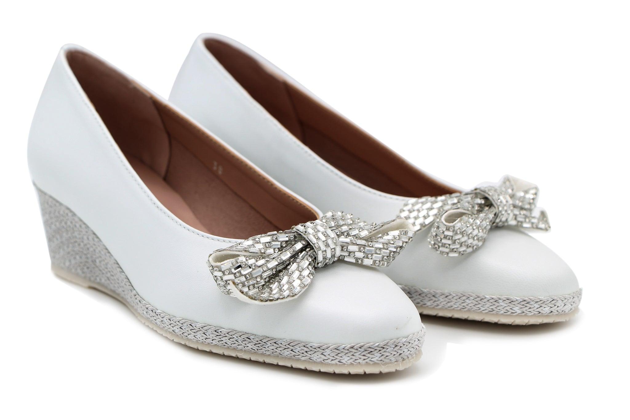 Bruno's Women's White Leather Wedge Shoes with Bow - Comfortable Casual & Dressy Heels for Work, Parties, and Everyday Wear