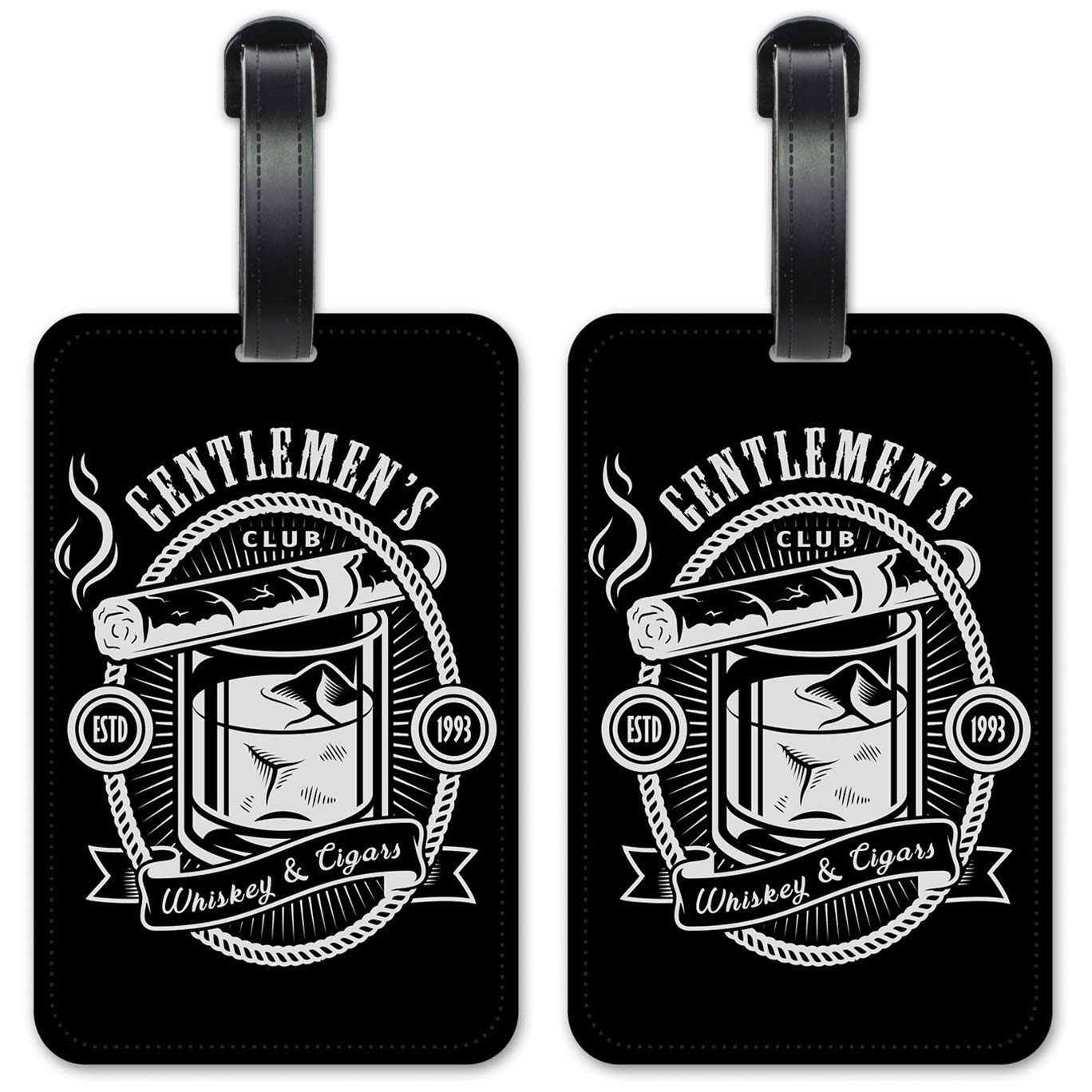 Premium Leather Luggage ID Tags for Whiskey & Cigar Lovers - Personalized Suitcase Identification Cards Set of 2 - Perfect for Business Travel & Luxury Vacations