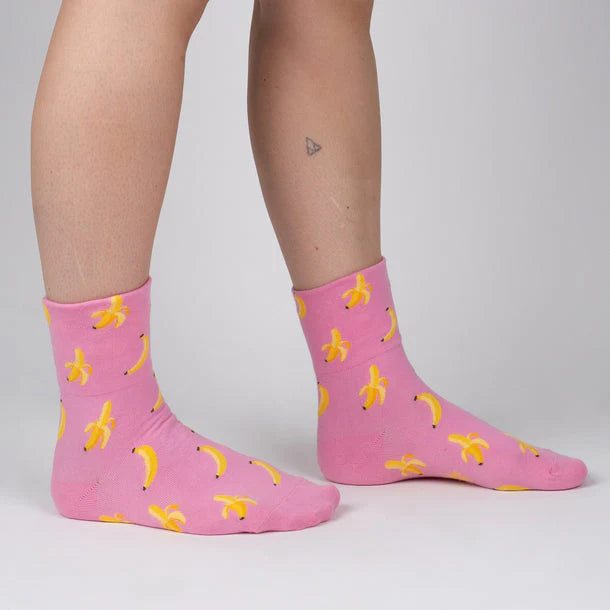 Fun Banana Print Crew Socks with Turn Cuff - Sock It To Me Novelty Socks for Women & Men - Perfect for Casual Wear, Gifts, and Themed Outfits
