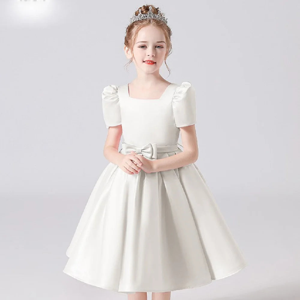 Satin Flower Girls Dress with Square Collar - Elegant Party Dress for Weddings, Birthday & Special Occasions