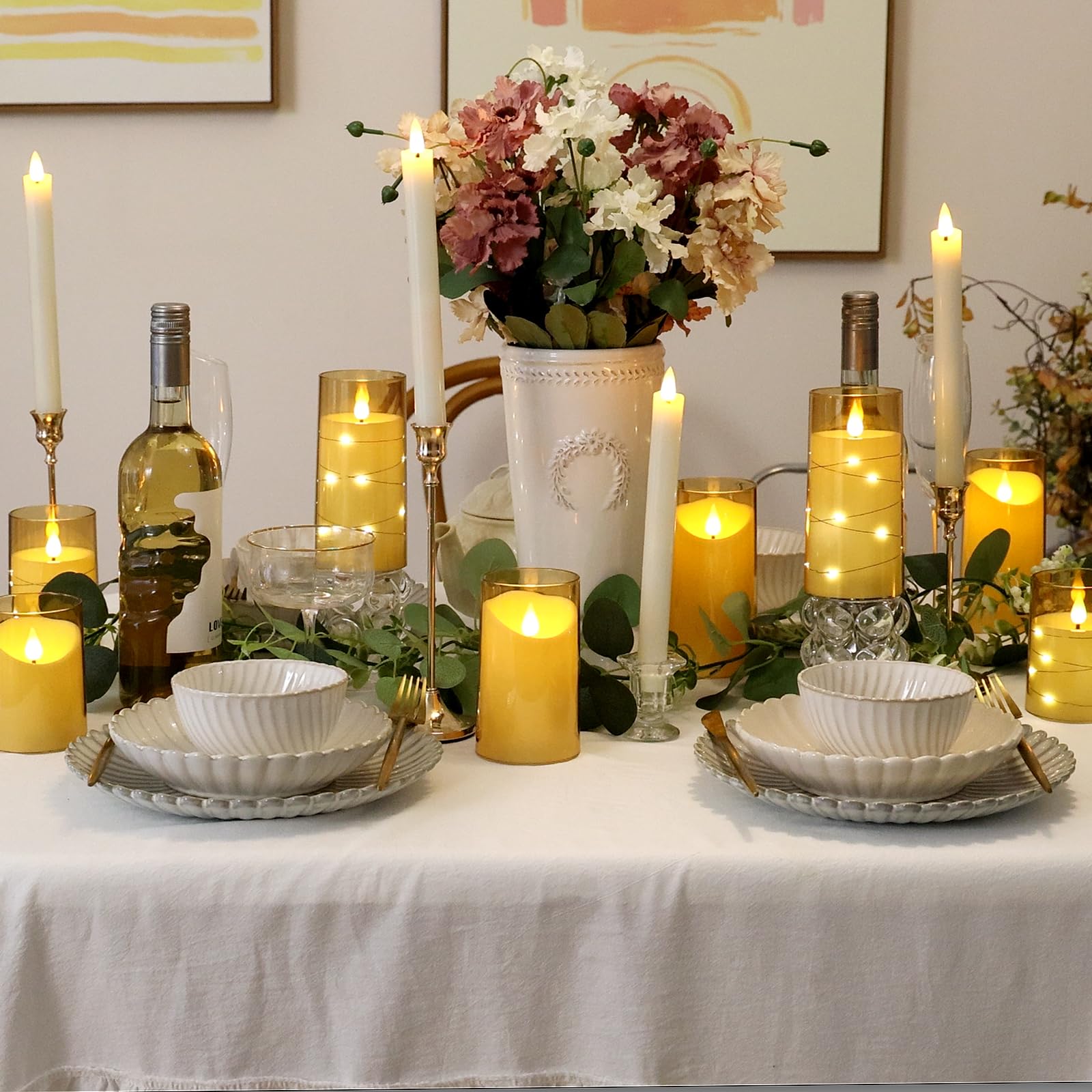 NURADA Flameless LED Candles - 3D Wick Battery Operated Fake Candles Set of 3 Gold Pillar Candles for Home Decor, Wedding, Party & Romantic Ambiance - Safe Acrylic Decorative Candles for Table Centerpiece, Fireplace & Bedroom Lighting