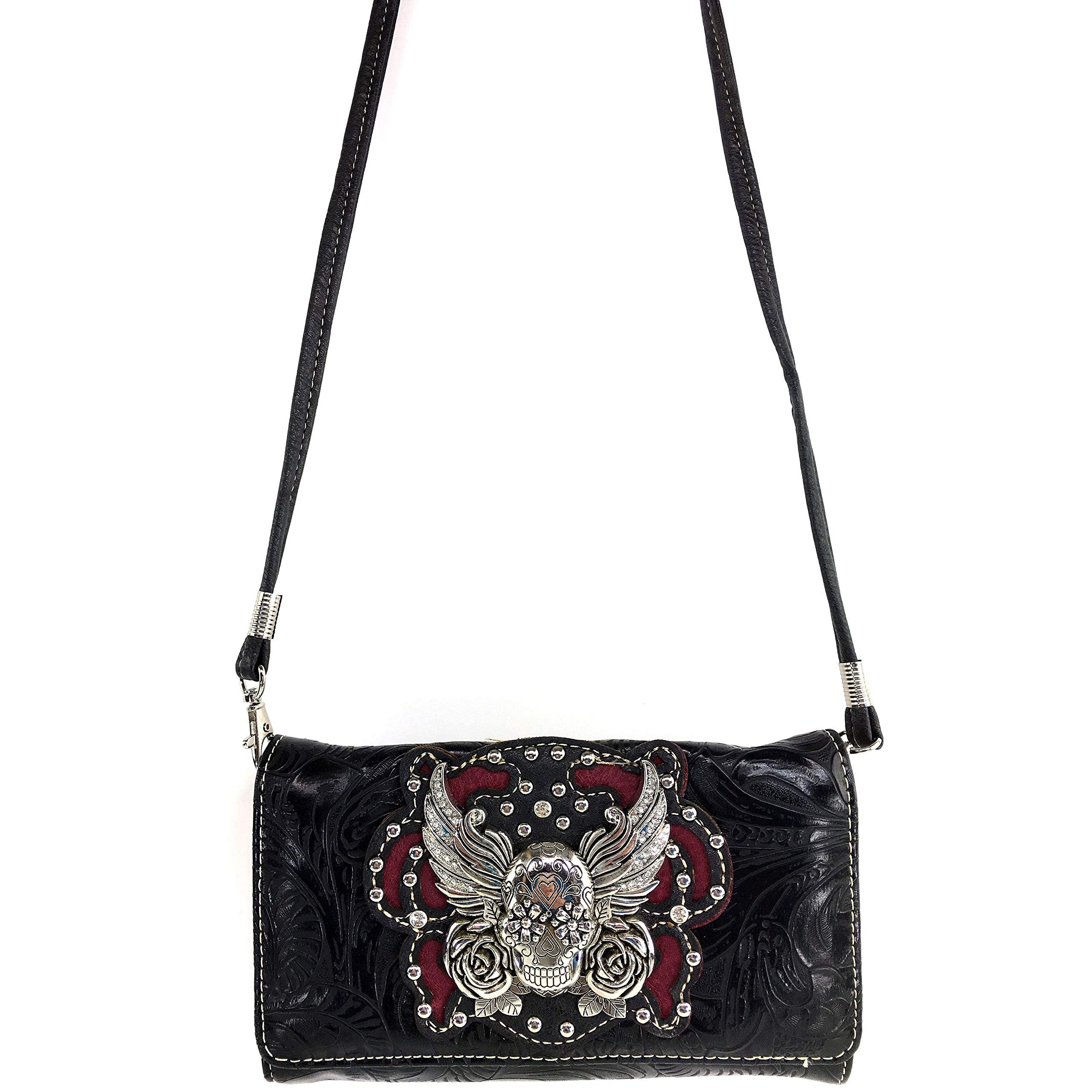 Zelros Sugar Skull Roses Angel Wing Women's Crossbody Wristlet Trifold Wallet - Stylish Gothic Fashion Accessory for Parties, Concerts & Everyday Use