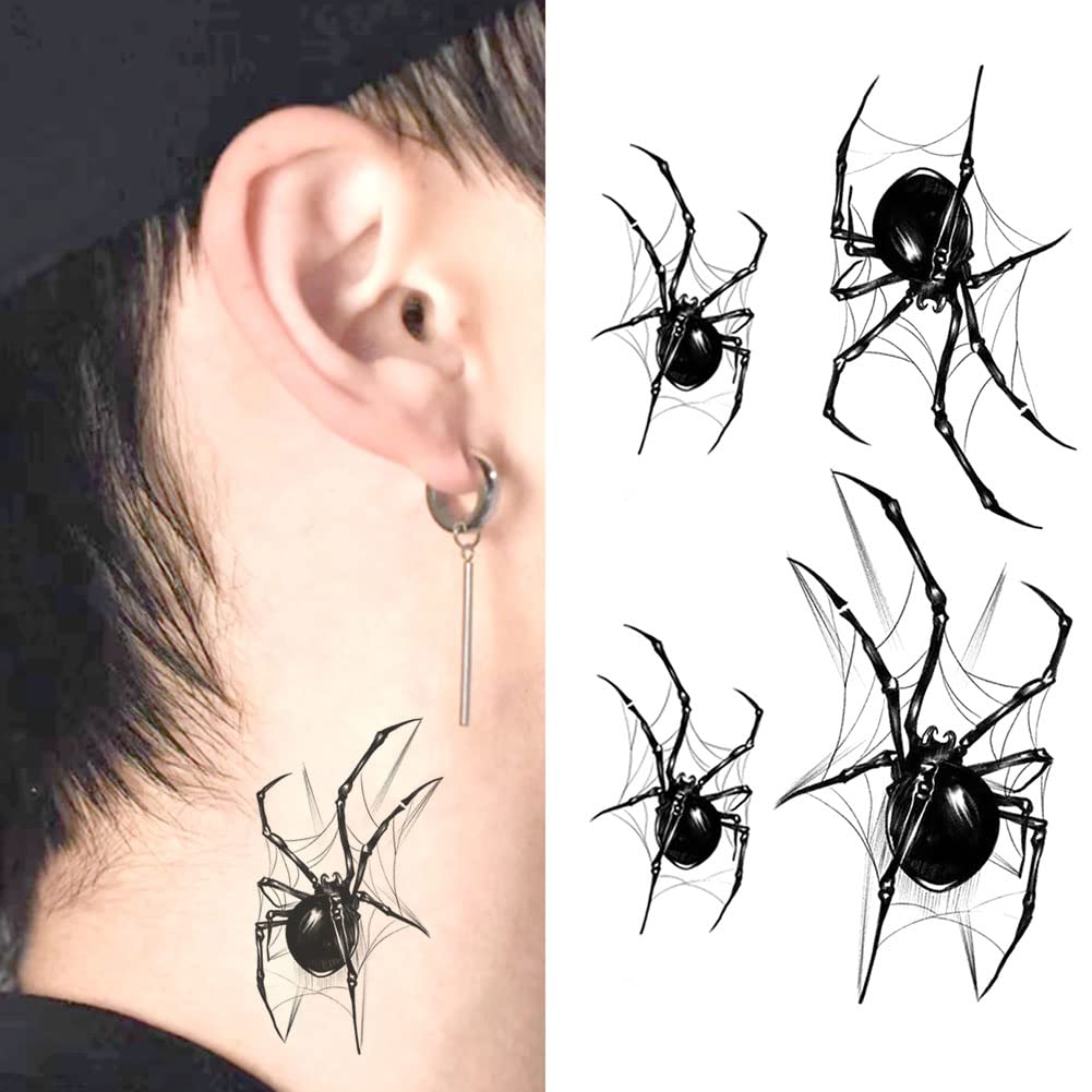 3D Realistic Black Spider Web Temporary Tattoo Stickers - Waterproof Fake Body Art for Halloween (Set of 4) | Scary Horror Designs for Hand, Neck, Face & Wrist | Unisex Skin Decals for Costume Parties & Cosplay