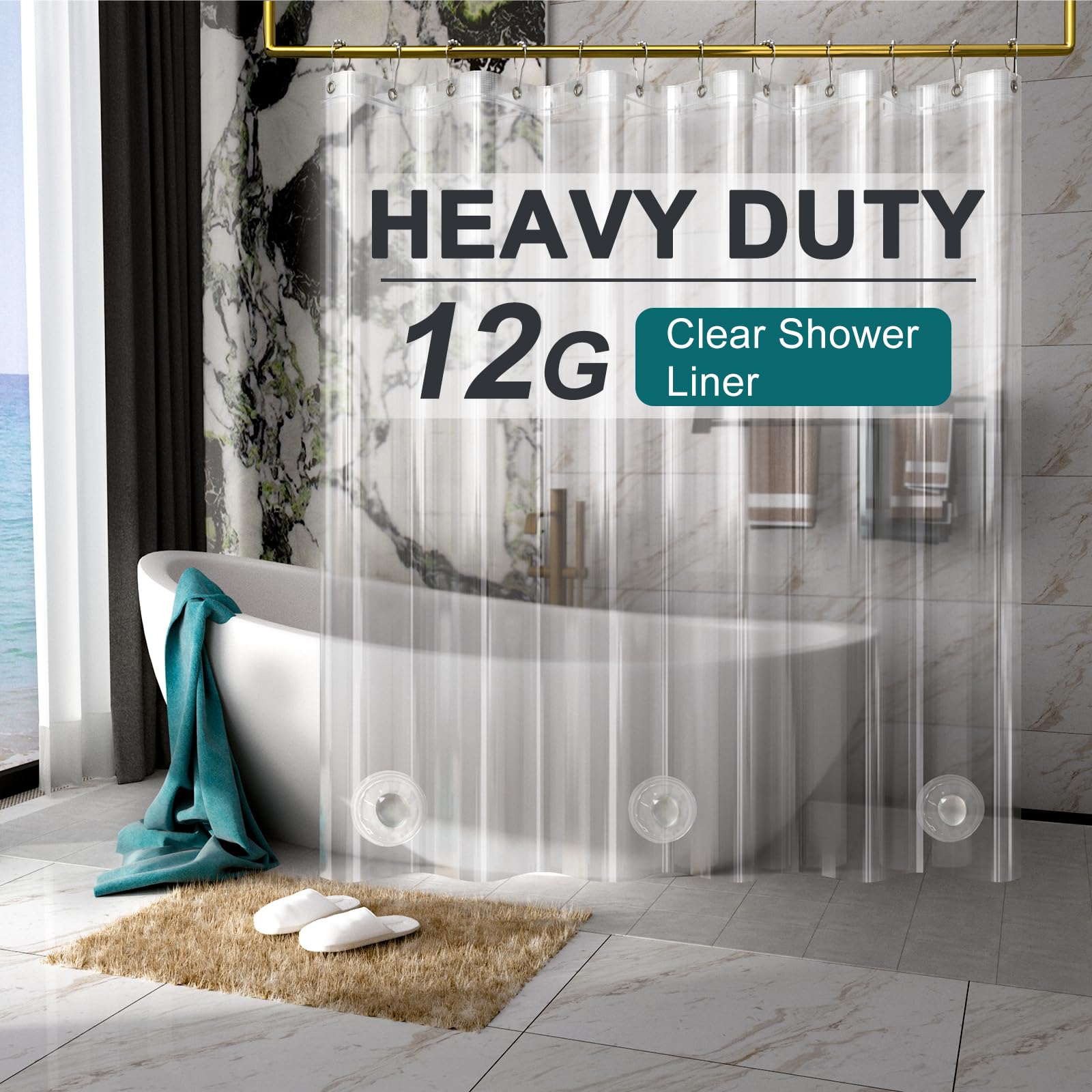AmazerBath Heavy Duty 12 Gauge Shower Curtain Liner - 72 x 65 Inches Clear Plastic Bathroom Curtain with Weighted Hem, 12 Rustproof Grommets & 3 Decorative Stones - Waterproof Shower Liner for Bathroom, Hotel, and Dorm Use