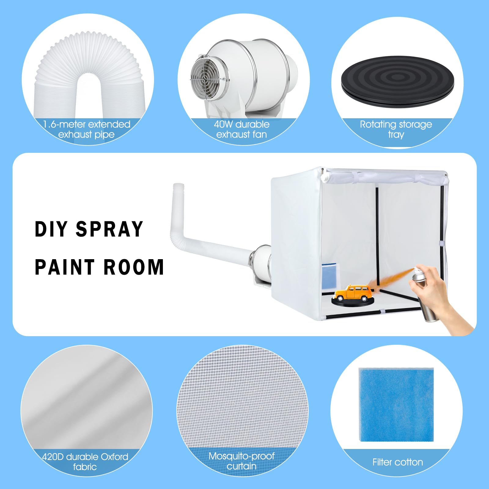 Siebwin 30x30x30 Inch Airbrush Spray Booth Kit - Powerful Duct Fan, Filter Hose & Turntable for Model Painting, Crafts, Nail Art & Miniature Projects | Perfect for Hobbyists & DIY Enthusiasts