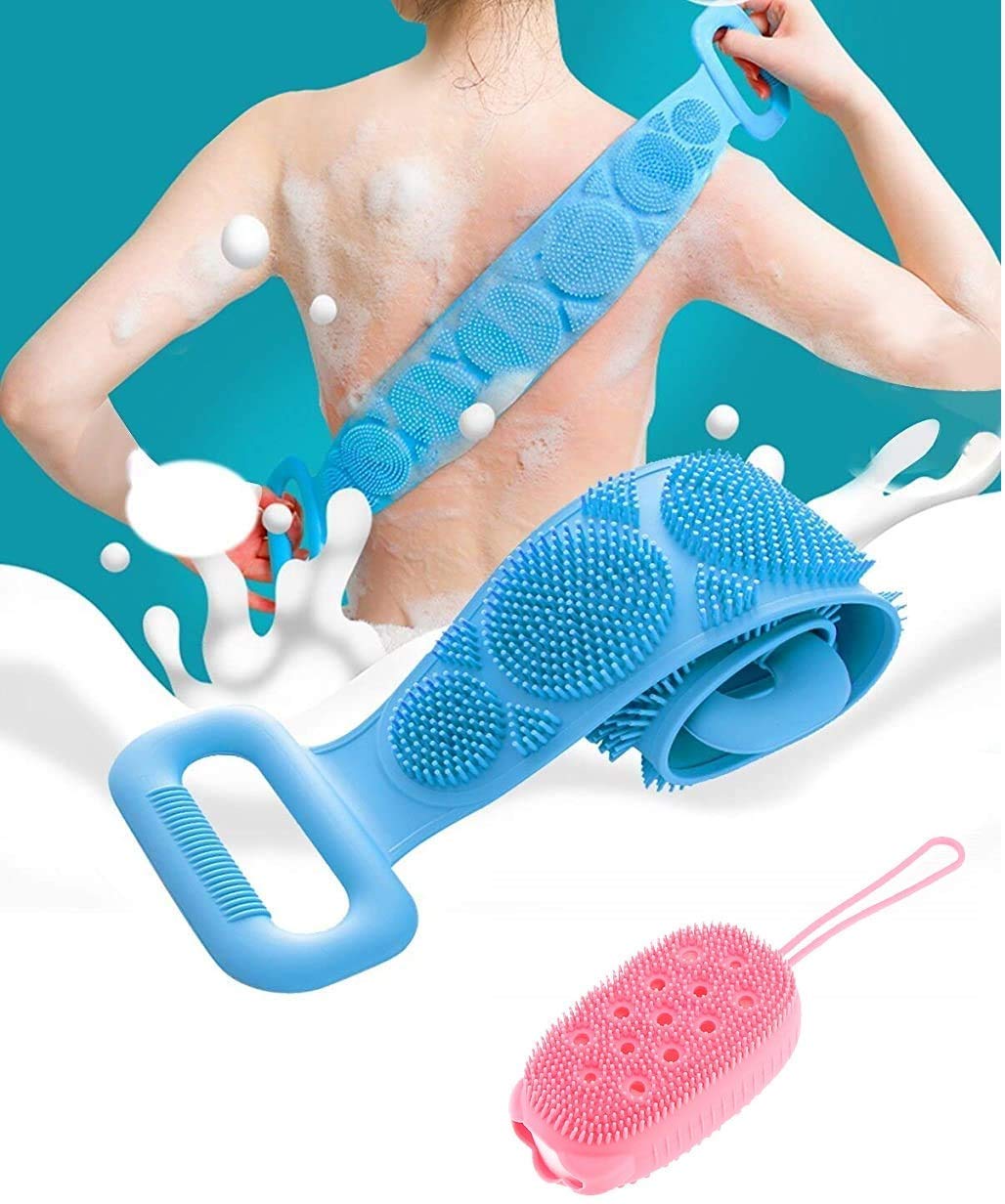 KREZON Silicone Bath Body Brush Set - Exfoliating Shower Brush (70x12cm) & Bubble Bath Brush (12x6.5cm) - Multi Color for Spa, Massage & Skin Care - Perfect for Sensitive Skin & Dry Brushing Therapy