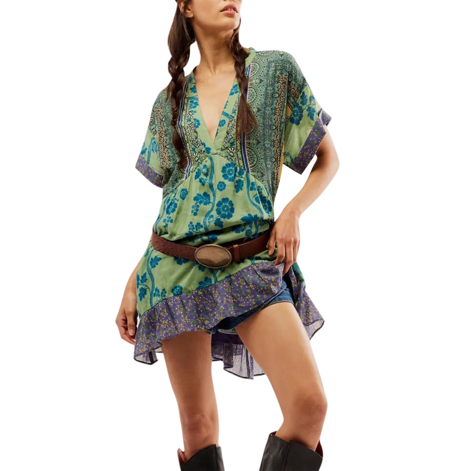 Women's Bohemian Floral Mini Dress with Ruffle & Puff Sleeves - V-Neck Summer Beach Dress 2024 | Perfect for Vacation, Party & Casual Wear