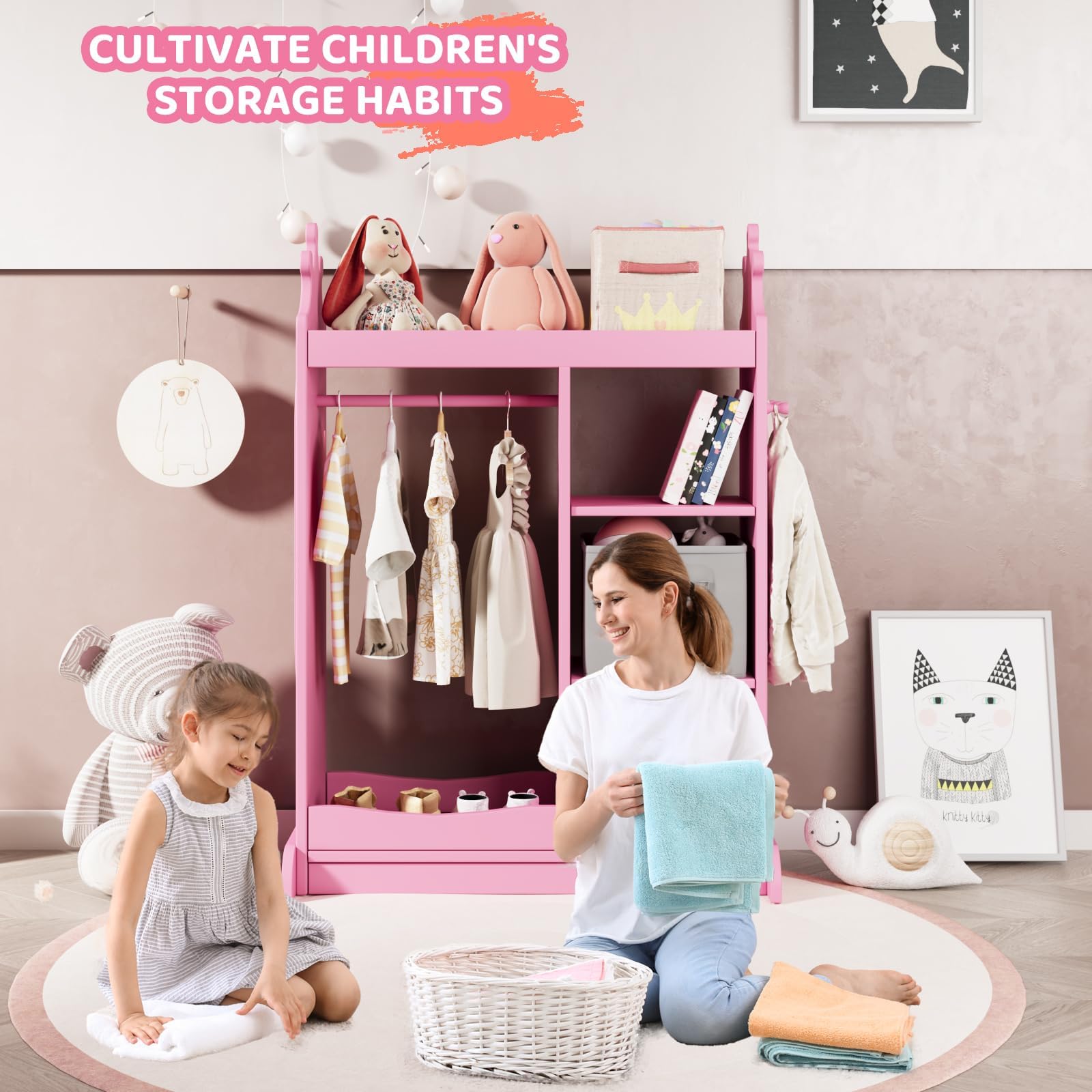 KIDINIX Kids Wardrobe with Mirror - 3-Tier Storage Shelf, 2 Fabric Bins & Shoe Rack | Pink Open Dress Up Armoire for Coats, Dance Costumes, Hats & Shoes | Perfect for Bedroom Organization & Pretend Play