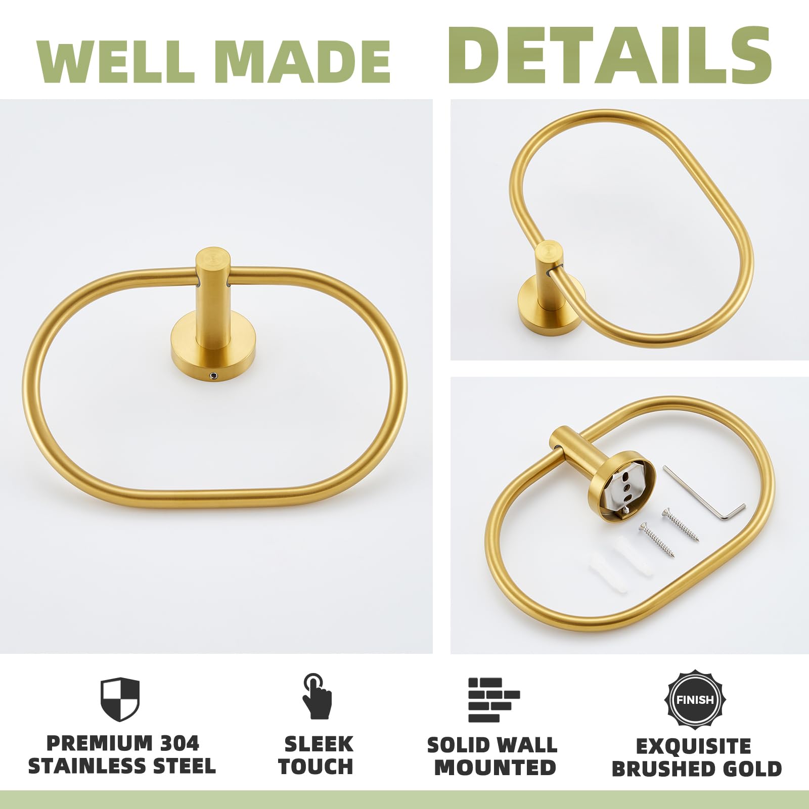 APLusee 304 Stainless Steel Swivel Hand Towel Holder - Brushed Gold Bath Towel Ring for Sink, Modern Bathroom Accessories - Perfect for Kitchen, Bathroom & Powder Room Organization