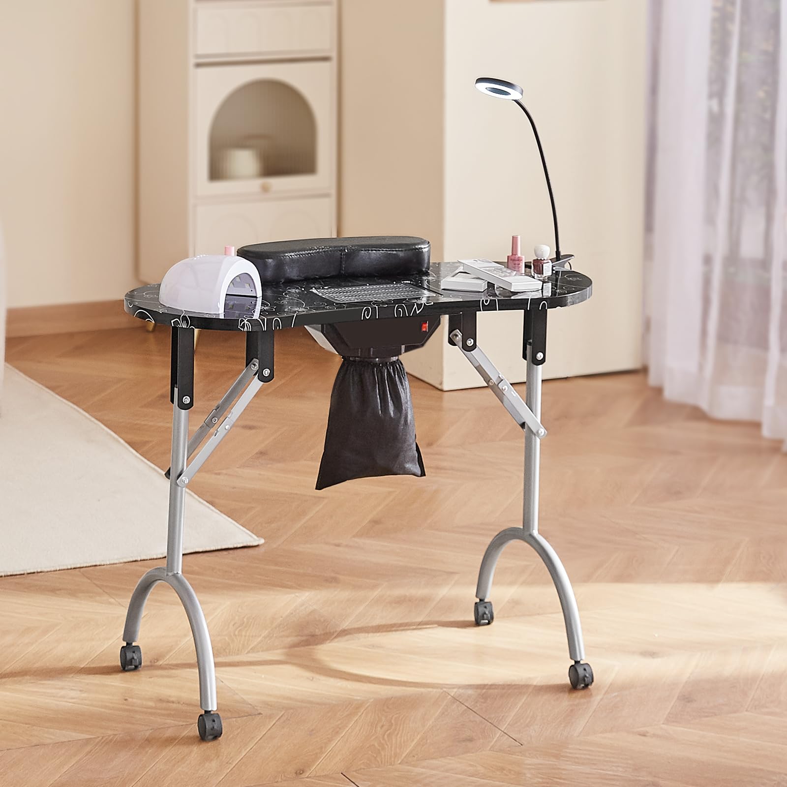 VEVOR Portable Foldable Nail Table with Electric Dust Collector - Mobile Nail Tech Desk with 4 Wheels, 3 Dust Bags & Adjustable LED Light - MDF Nail Art Station for Salon, Spa & Home Use | Perfect for Professional Nail Technicians & DIY Manicures at Home