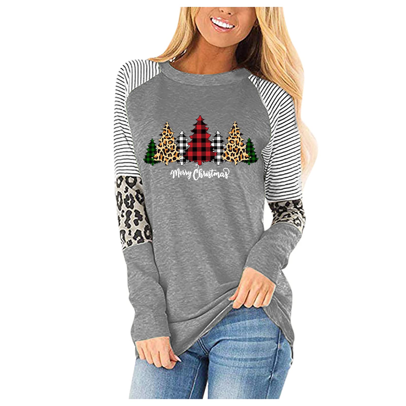 MVNSFEW Women's Long Sleeve Weightlifting Shirts - Casual O-Neck Leopard Print Blouse for Gym, Workout & Christmas Gifts | Perfect for Fitness, Training & Holiday Outfits