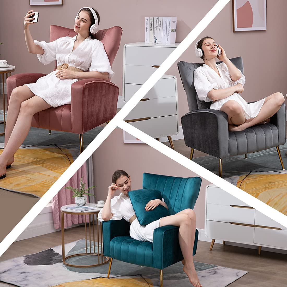 Luxury Velvet Accent Chair with Gold Legs & Lumbar Pillow - Modern High Back Armchair for Living Room, Bedroom & Vanity - Pink Barrel Chair for Home Decor & Relaxation