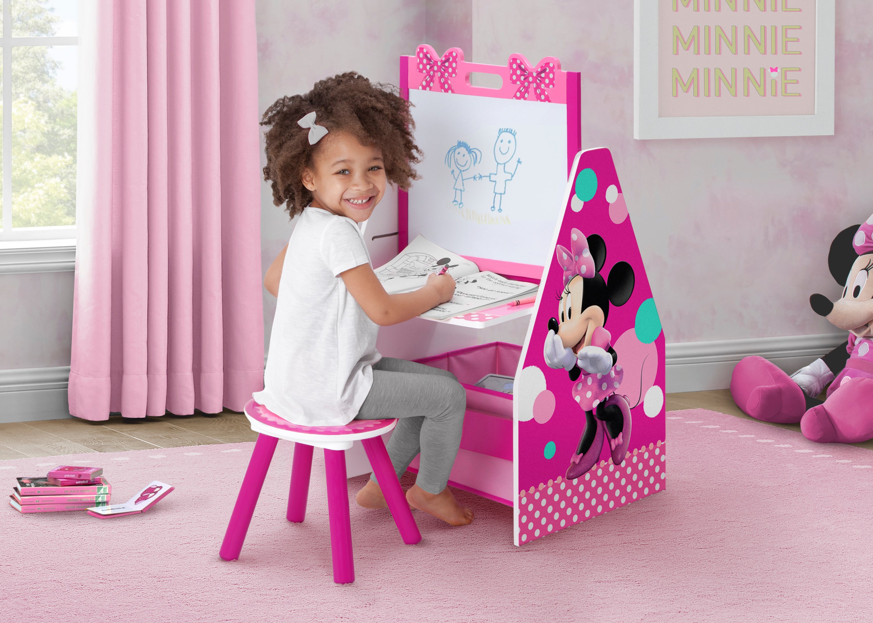 Minnie Mouse Deluxe Kids Art Table with Easel, Desk, Stool & Toy Organizer - Perfect for Creative Play, Learning & Room Organization