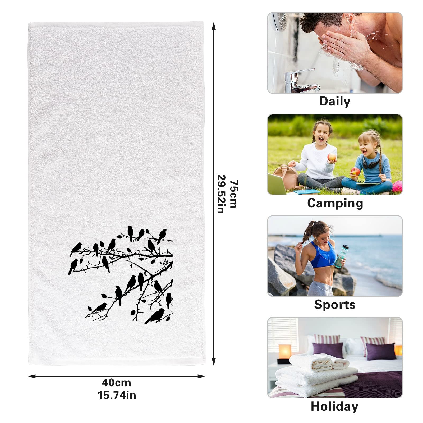 Premium Soft Cotton Face & Hand Towels - Gym, Workout & Bathroom Essentials - Decorative Bird & Black Branches Design - Set of 2 (16x30 Inches) - Perfect for Guest Bathroom, Spa & Home Decor