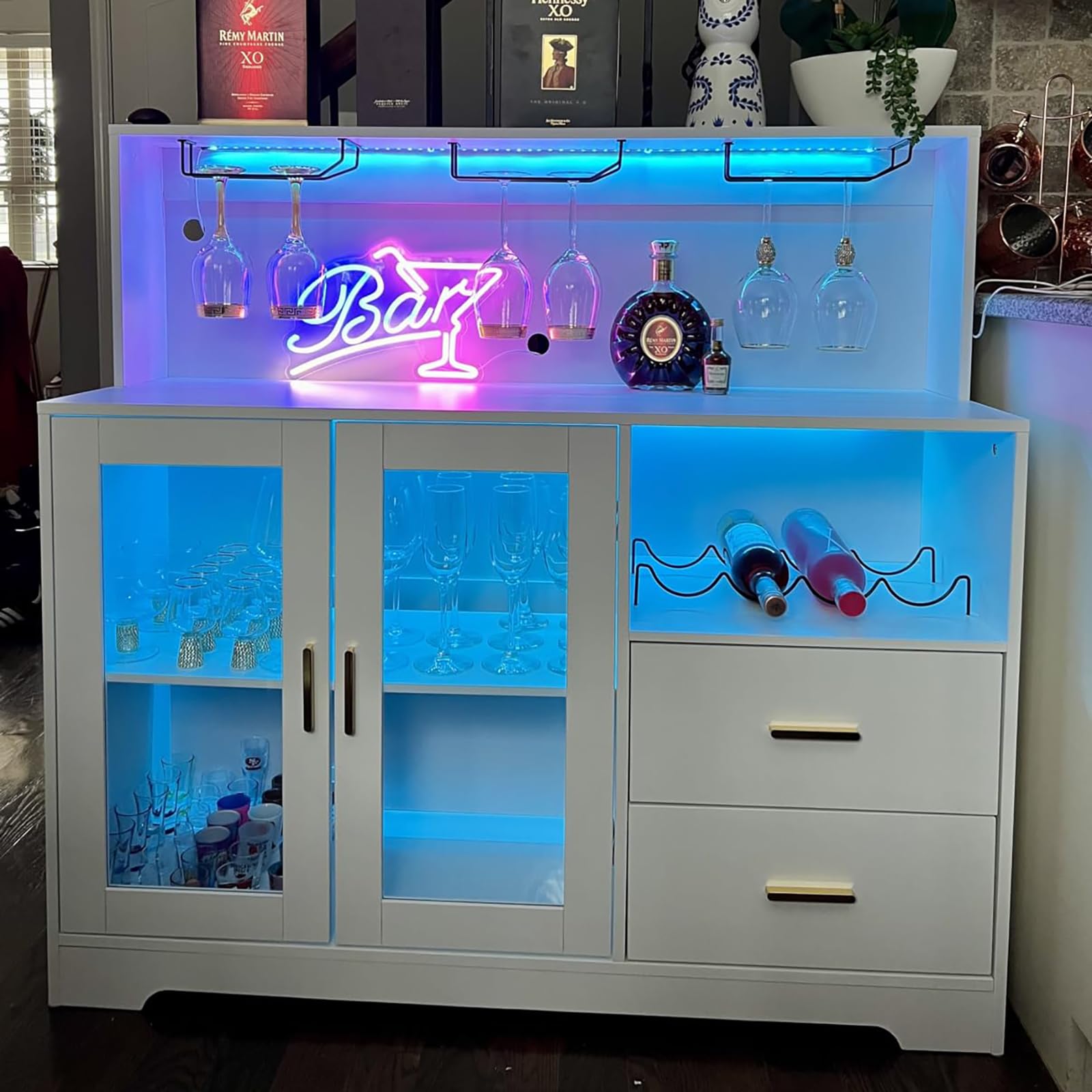 Modern White Wine Bar Cabinet with LED Lighting - Kitchen Buffet Sideboard with Wine & Glass Rack, Storage Cabinet & Drawers - Perfect for Living Room, Dining Room & Home Bar Setup