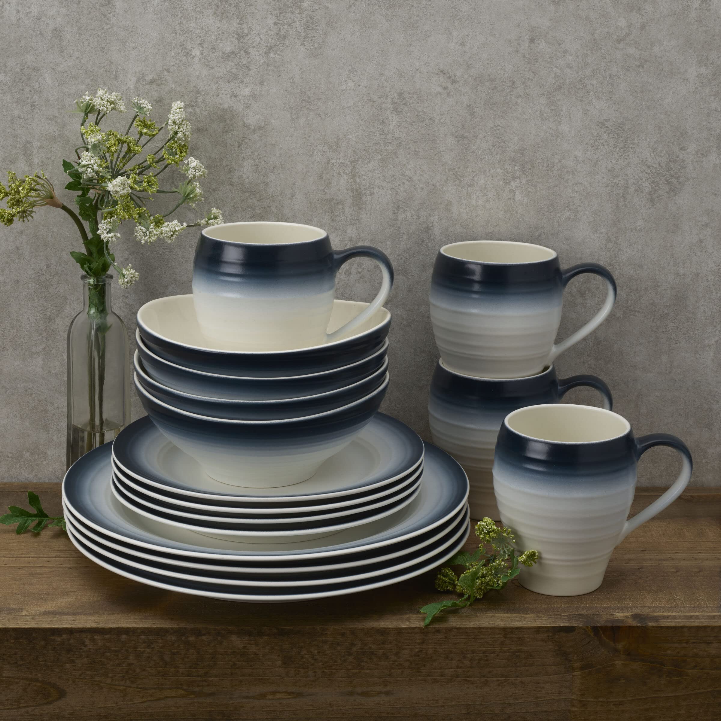 Mikasa Swirl 16-Piece Dinnerware Set for 4 - Elegant Blue Porcelain Plates, Bowls & Mugs - Perfect for Family Dinners, Entertaining Guests & Everyday Use