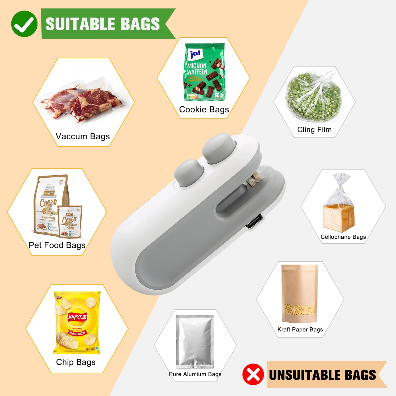 2 in 1 USB Rechargeable Mini Chip Bag Sealer - Upgraded Portable Vacuum Food Sealer for Snacks, Chips & Leftovers (2 Pack) | Perfect for Kitchen, Travel & Camping Food Storage