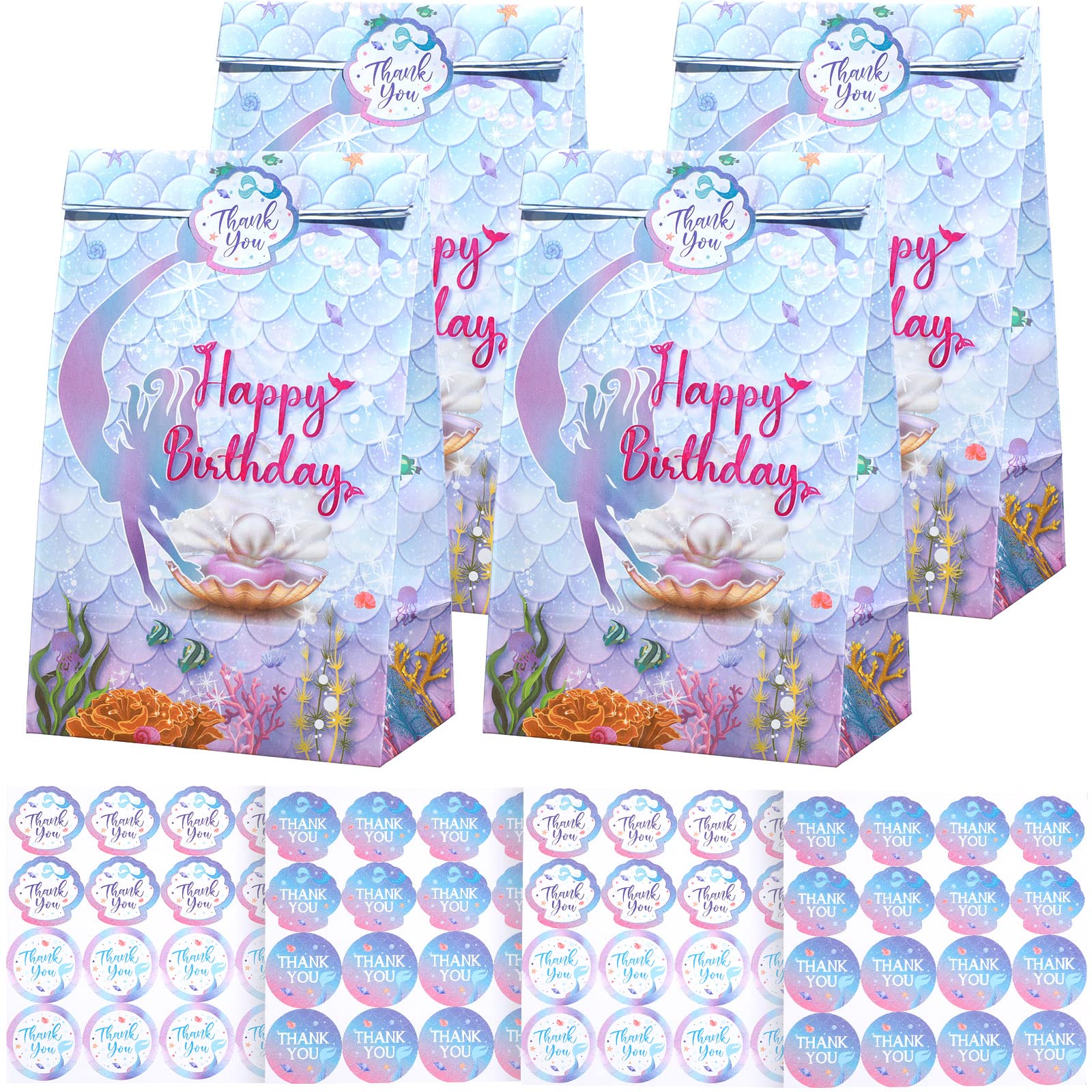 28-Piece Mermaid Gift Bags with Stickers - Under the Sea Party Favor Bags for Birthday, Baby Shower & Themed Events - Perfect for Candy, Treats & Goodie Bags