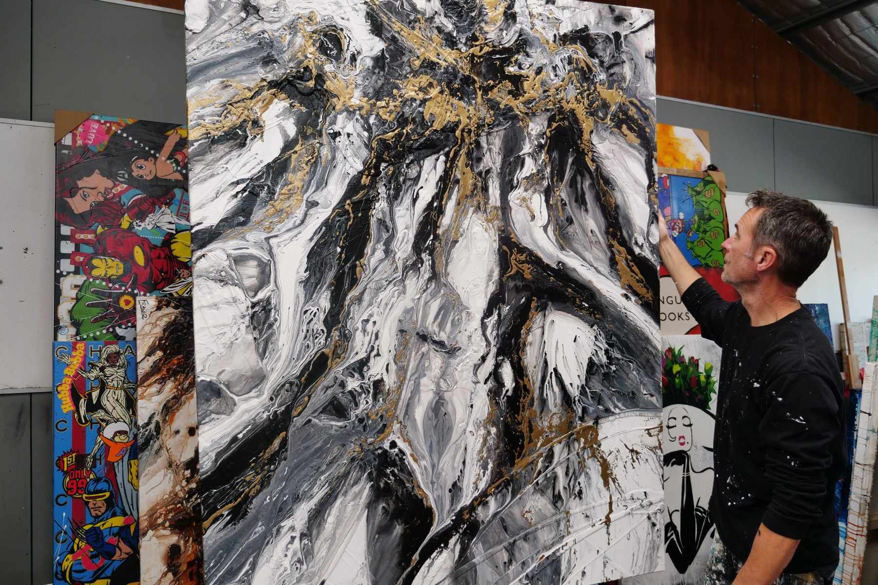 140cm x 180cm Black Gold White Textured Abstract Canvas Painting - Modern Wall Art for Living Room, Bedroom & Office Decor