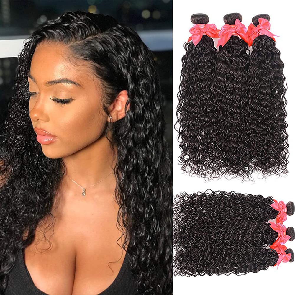 Miss GAGA Brazilian Virgin Hair Water Wave 4 Bundles 100% Unprocessed Human Hair Weave - Natural Color, Can Be Dyed & Bleached (20 22 24 26 Inch) - Perfect for Sew-in, Clip-in Extensions & Styling