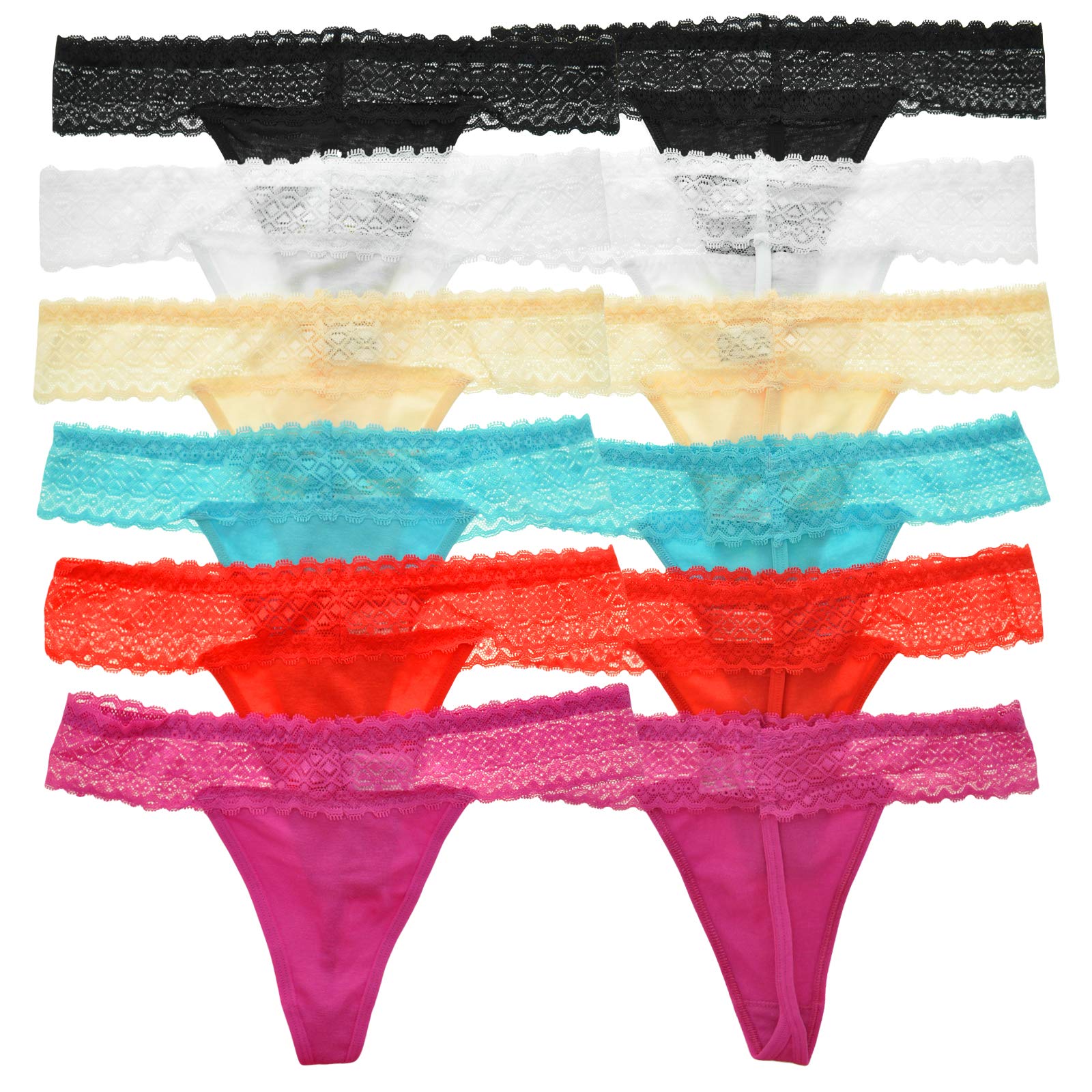 Angelina Women's Assorted Lace Thong & G-String Panties (6 or 12 Pack) - Soft Comfort Underwear for Everyday Wear & Special Occasions